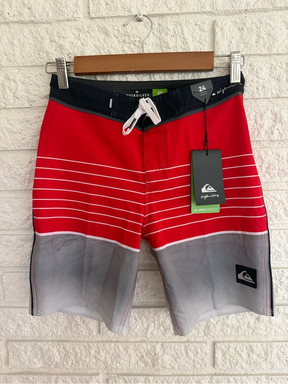 Quiksilver Red & Gray High Line Stretch Stripe Kids Swim Trunks